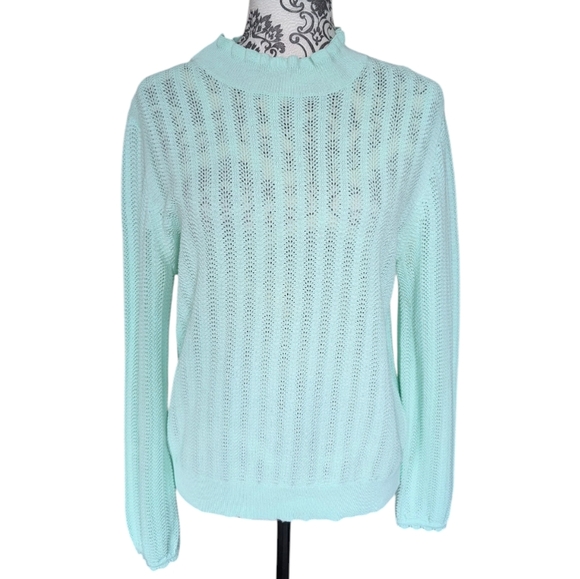 J. Crew Pointelle Ruffle Mockneck Sweater Women's Med Fairy Coquette Mint Green - Picture 2 of 16